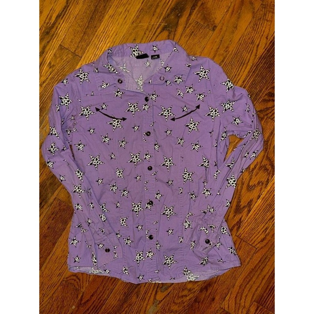 Girls Purple Cruel Girl Cow Print Star Pearl Snap Shirt Size Large / 10